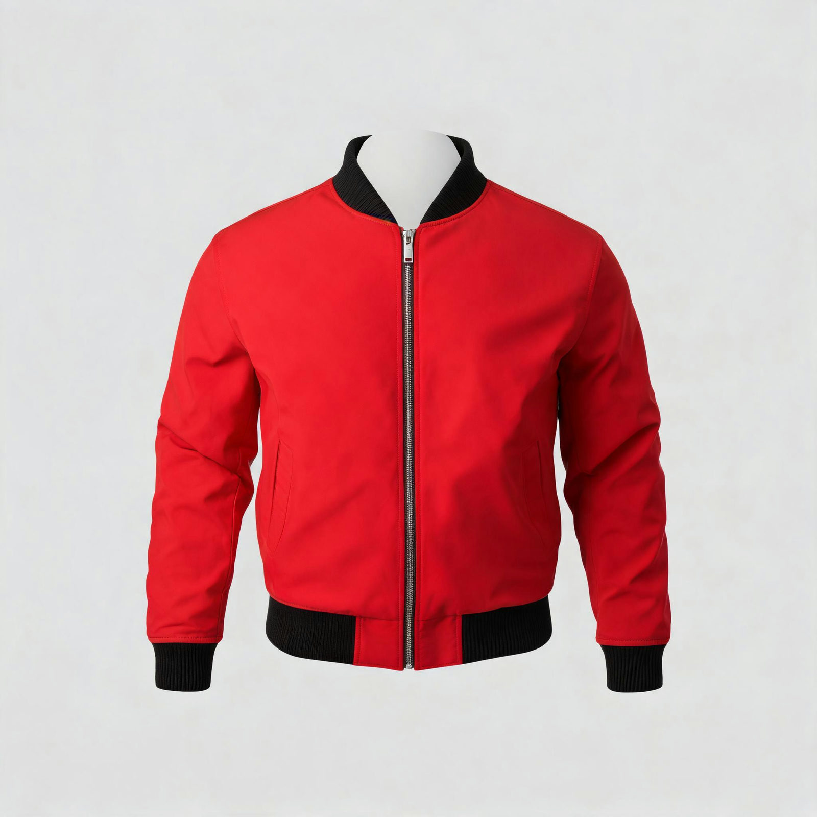 Red bomber jacket product shot on a plain backdrop