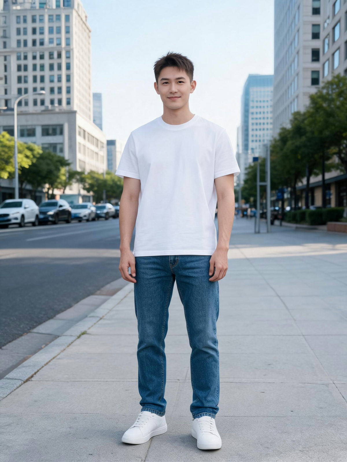 Man in a plain white tee before the outfit change