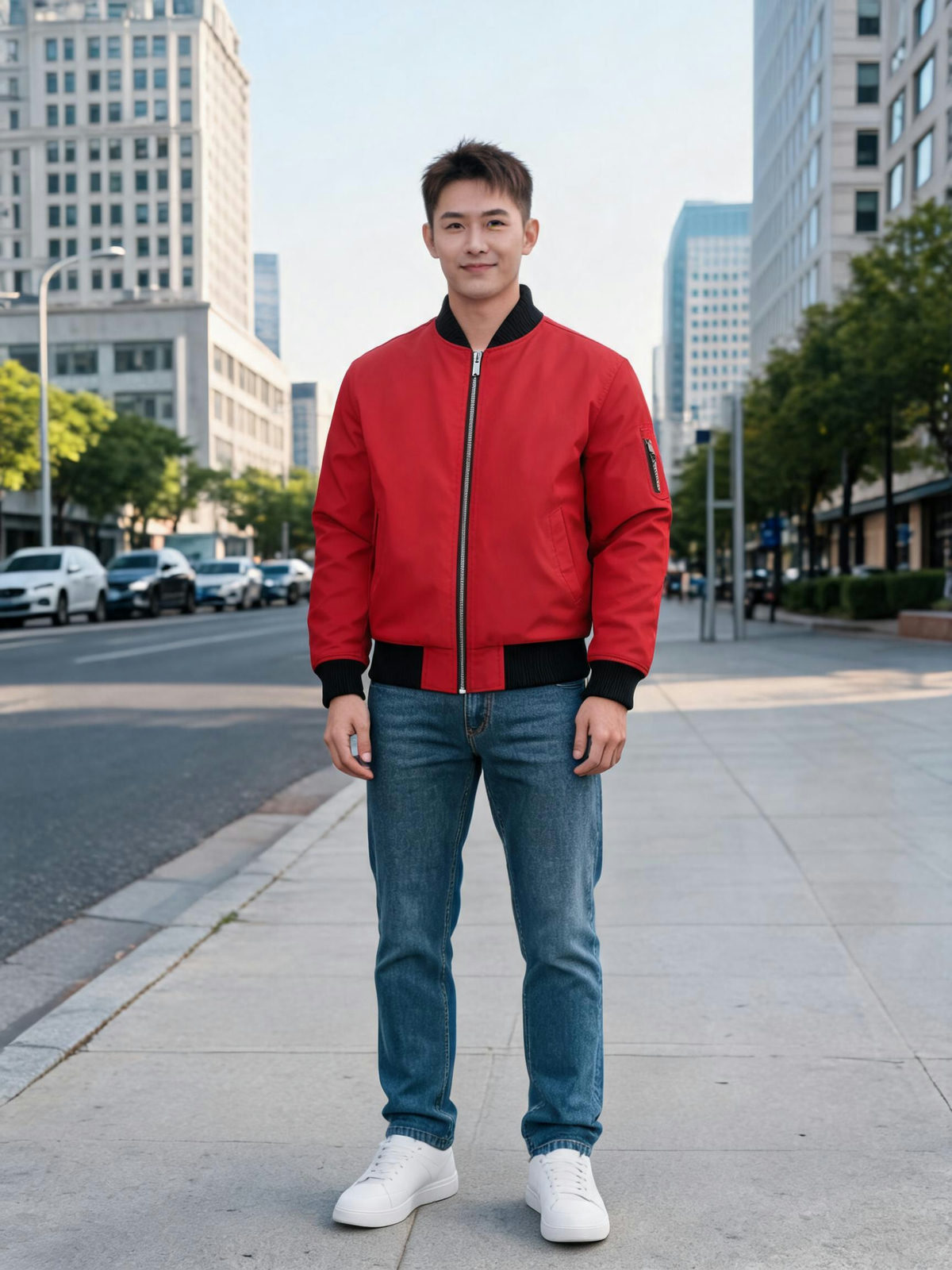 The man wearing the red bomber jacket after the outfit change