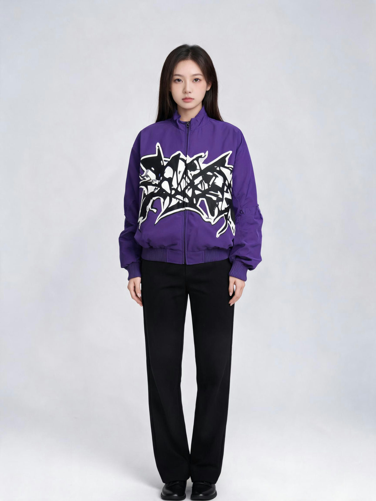 The same woman rendered in a purple streetwear jacket after the outfit change