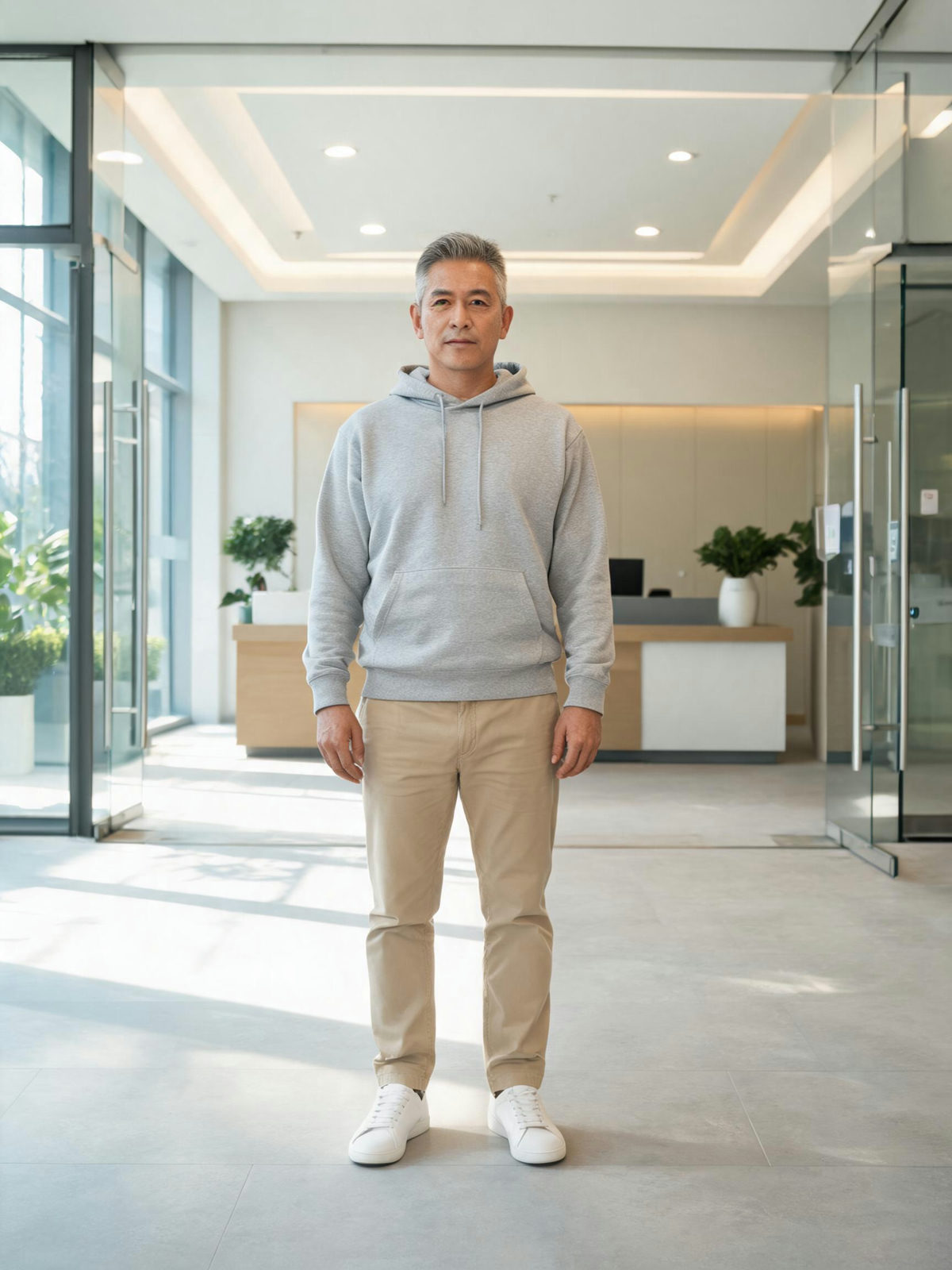 Man in a grey hoodie before the outfit change
