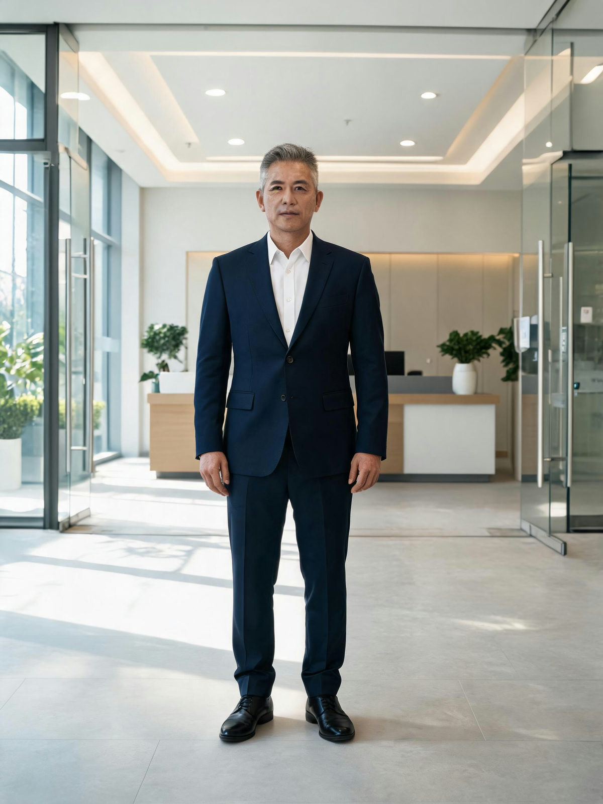 The same man rendered in a navy formal suit after the outfit change