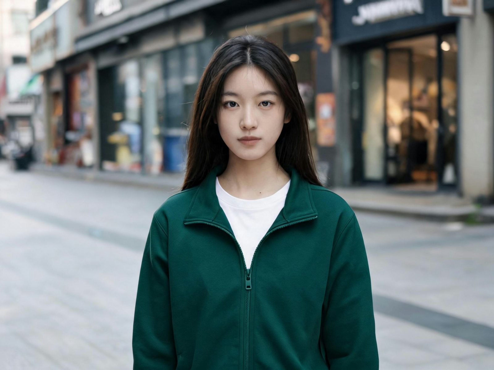 The same street portrait with the jacket edited to deep green, everything else unchanged