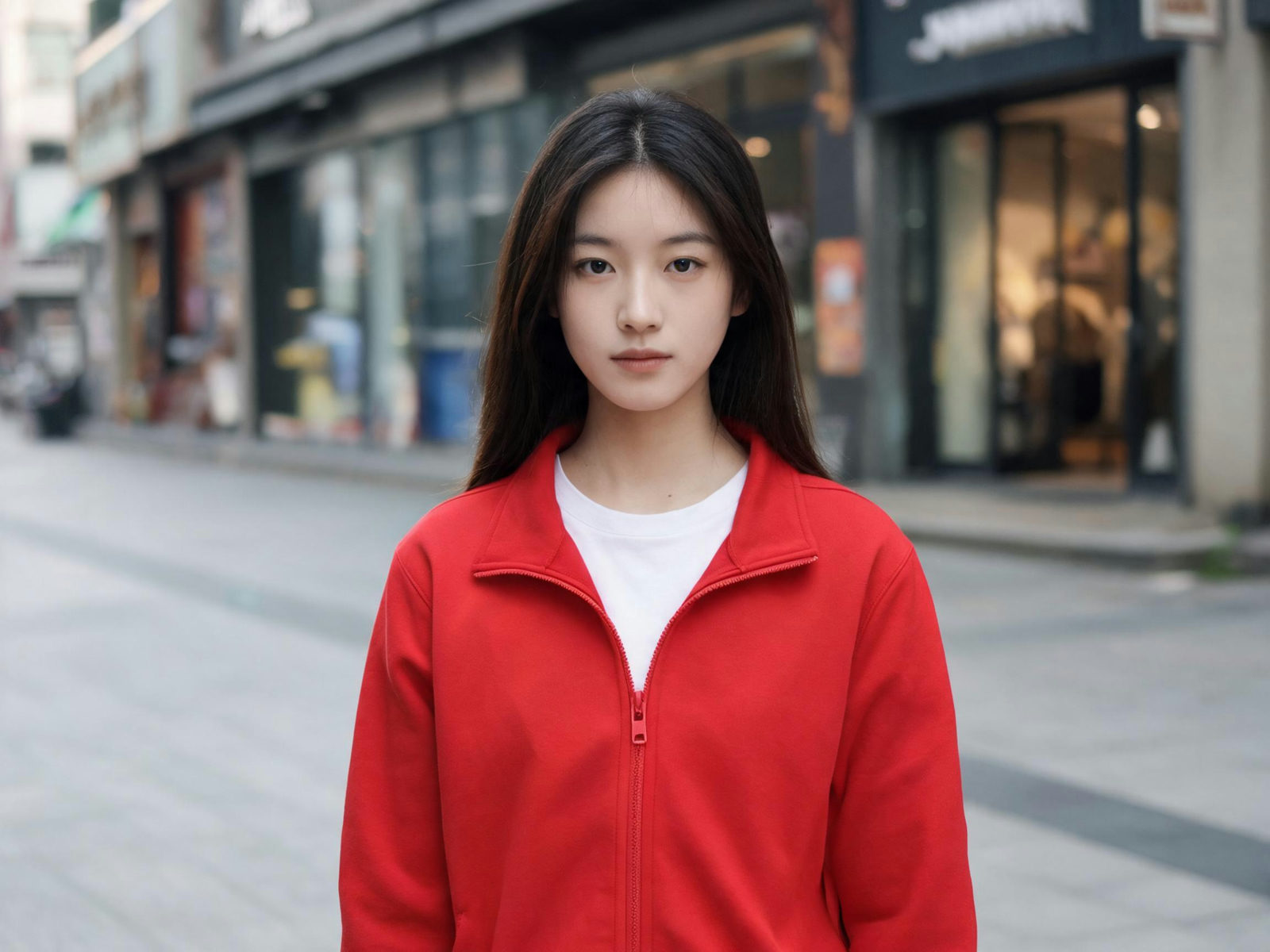 Street portrait of a person in a red jacket before AI editing