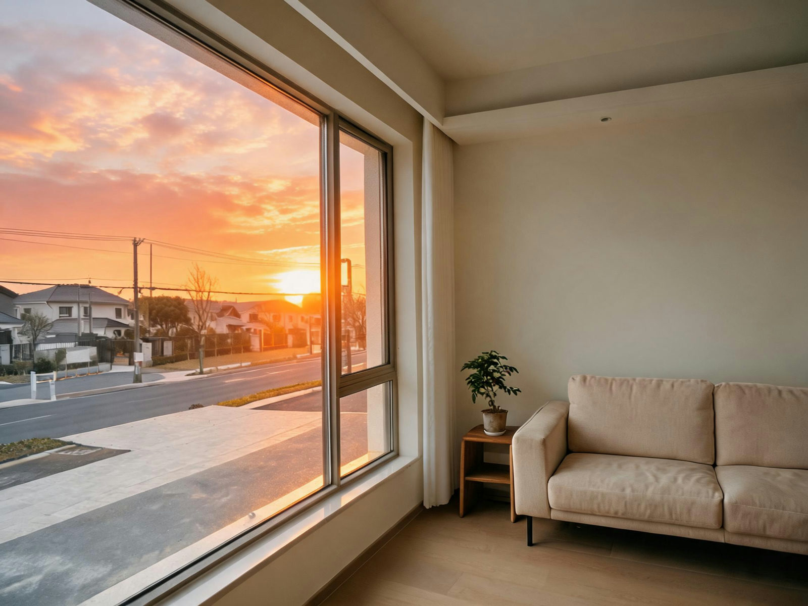 The same room with a sunset sky edited in outside the window