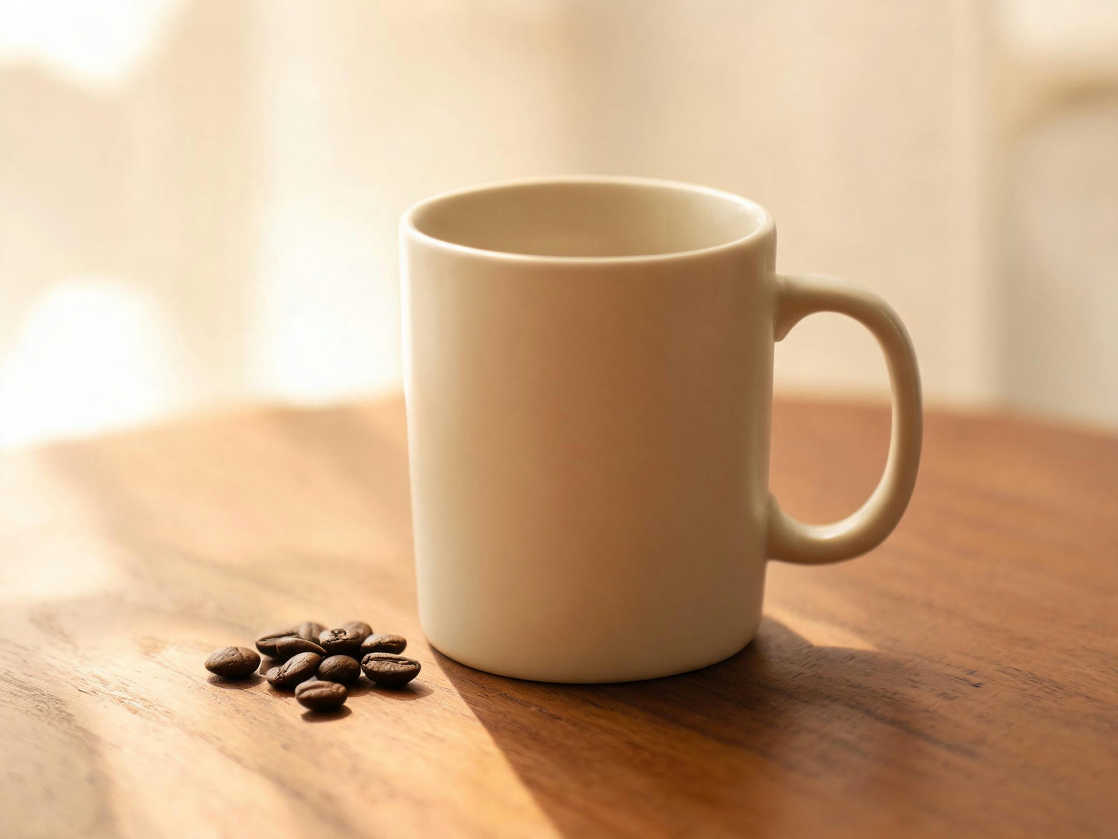 Product photo of a light-colored mug on a table