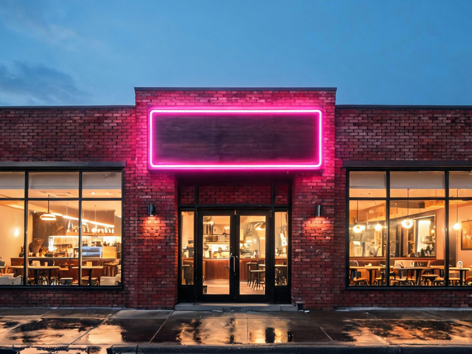 The same storefront with the sign edited into a glowing neon sign