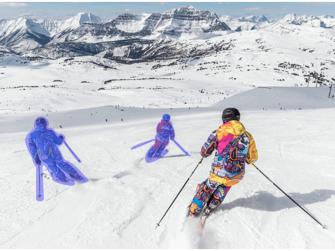 Ski slope photo with two other skiers marked for removal