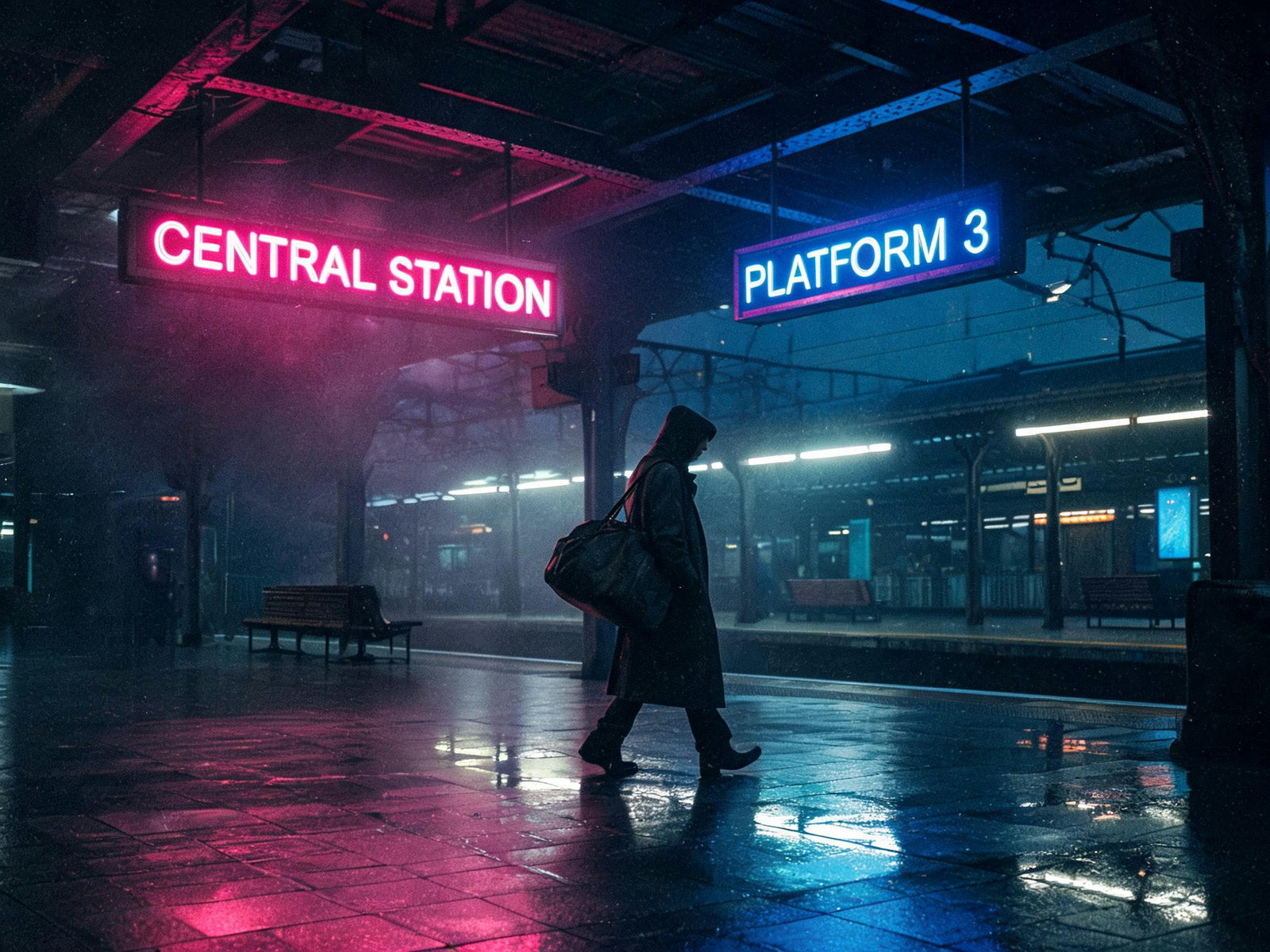AI-generated cinematic still of a lone traveler crossing a neon-lit station at night