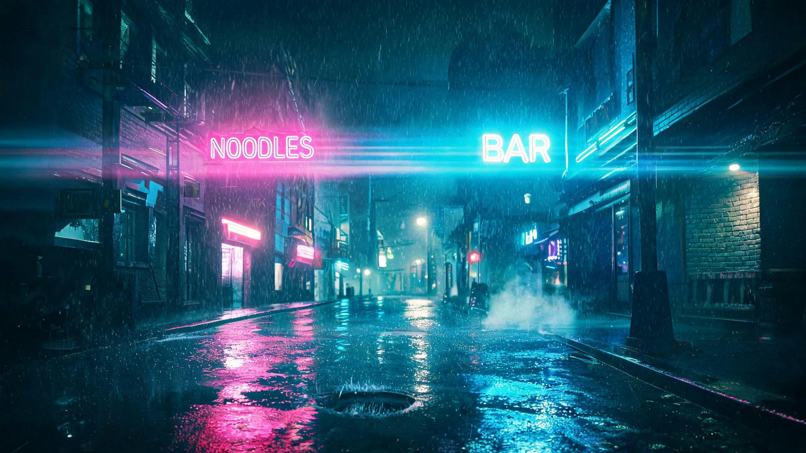 Rainy city street at night with neon signs reflecting on wet asphalt and pedestrians under umbrellas