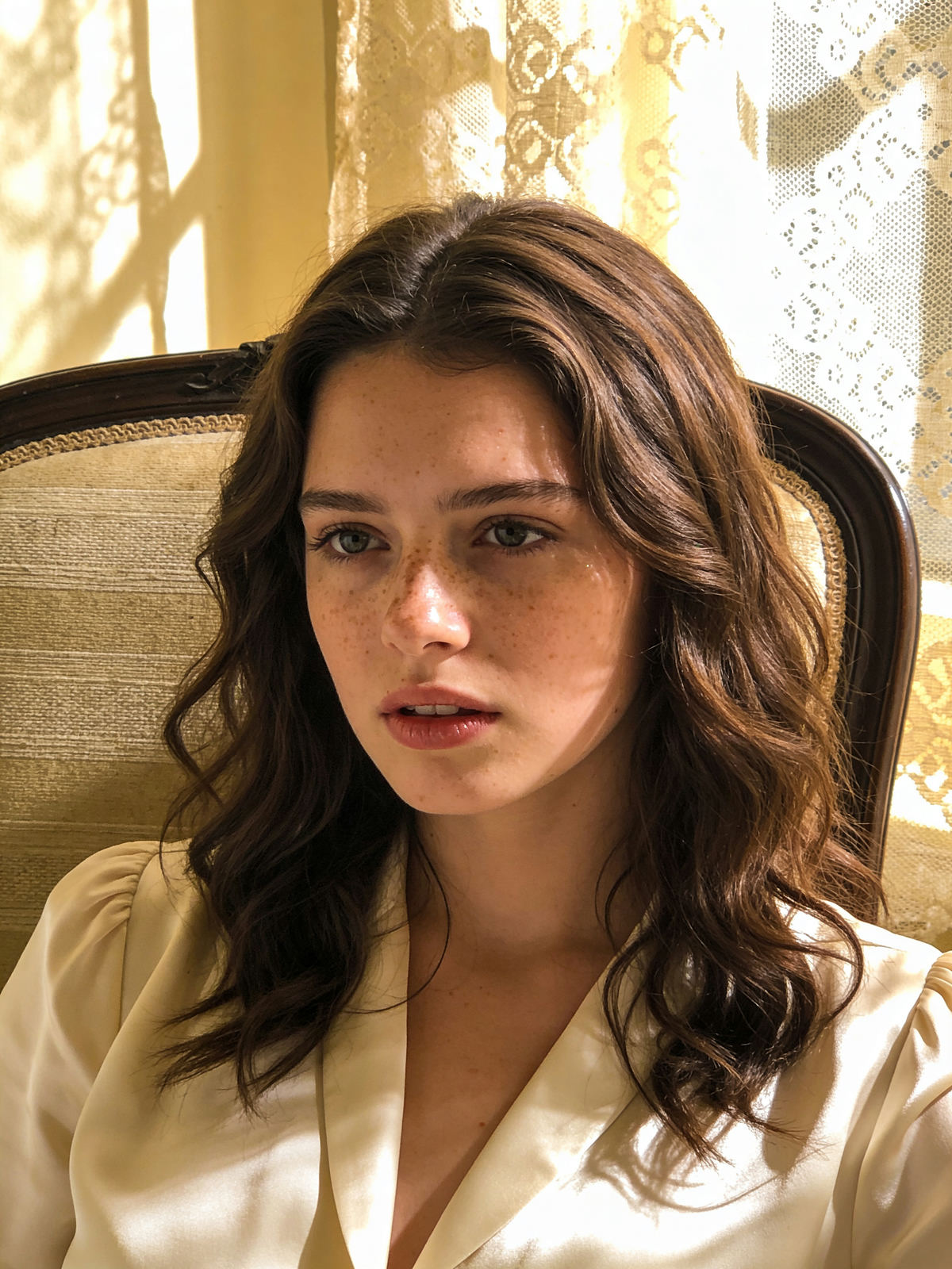 AI-generated cinematic portrait of a young woman with freckles by a sunlit window