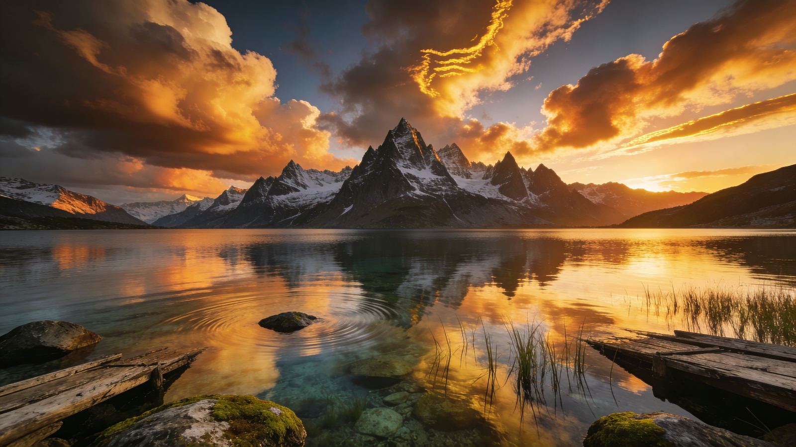 AI-generated mountain lake at golden sunset with mirror reflection