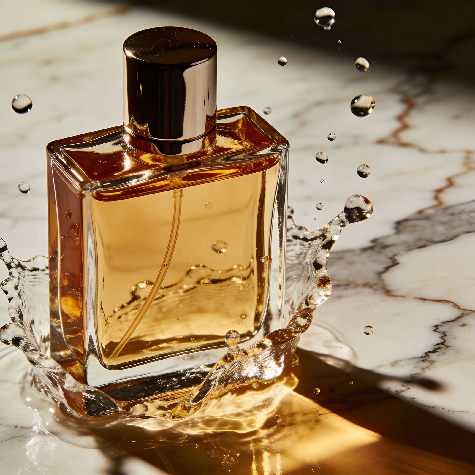 AI-generated luxury perfume bottle on marble with a water splash
