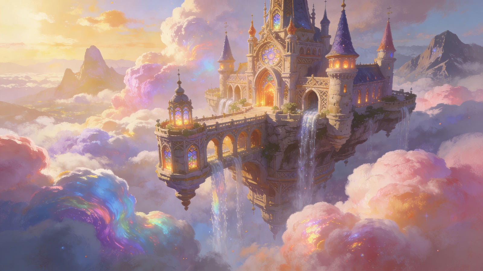 AI-generated floating castle in the clouds as a fantasy painting