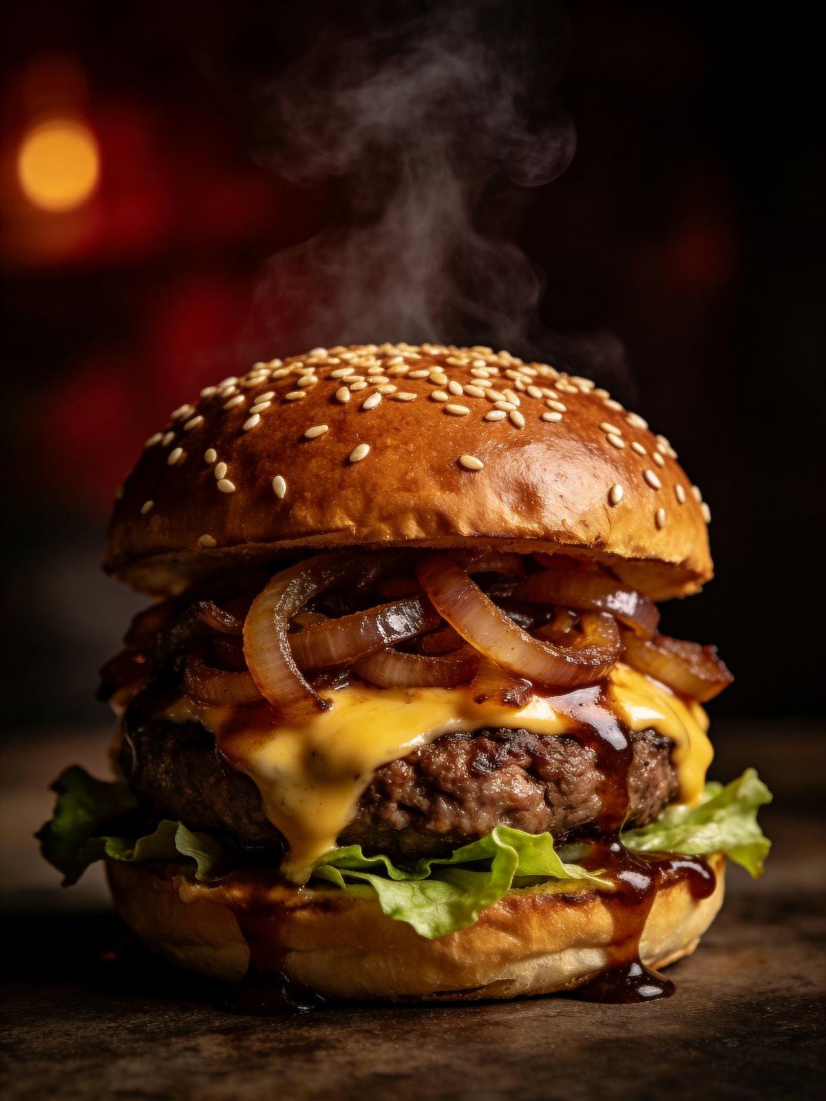 AI-generated cheeseburger with melting cheese in moody food photography