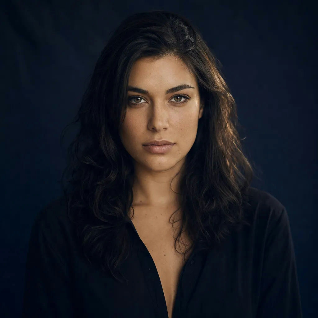 AI-generated cinematic portrait on a navy backdrop with studio rim light