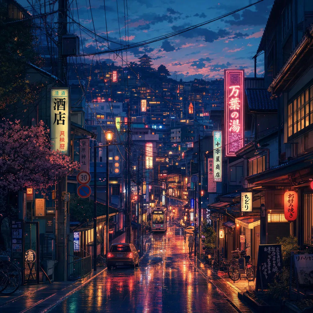 AI-generated anime city street at dusk with neon reflections on wet pavement