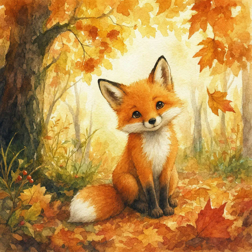 AI-generated storybook watercolor of a fox in an autumn forest