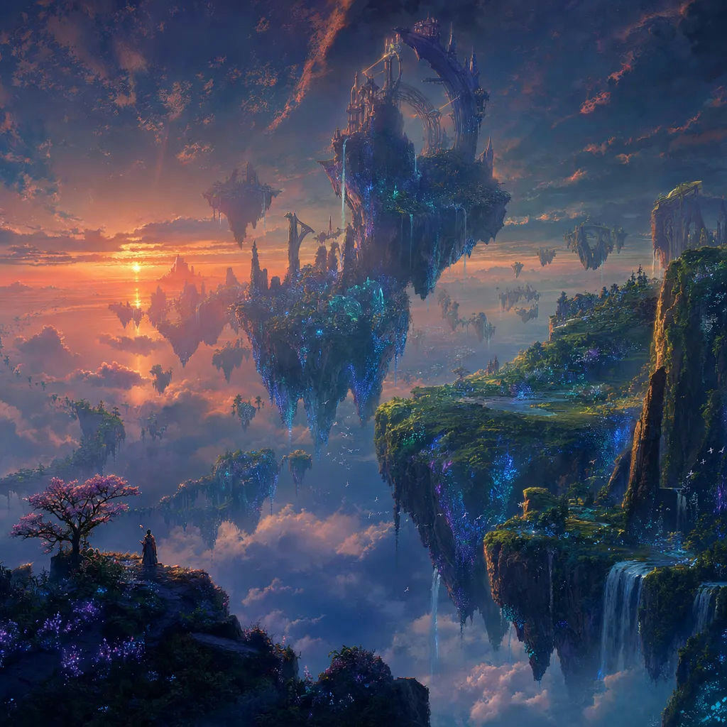 AI-generated surreal floating archipelago with bioluminescent flora