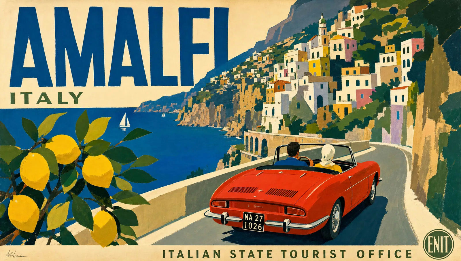 AI-generated vintage travel poster of the Amalfi coast with a red convertible