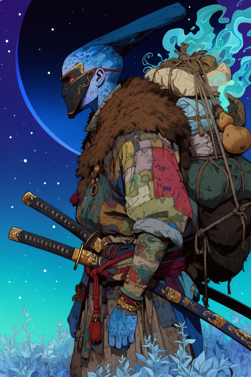 AI-generated stylized samurai illustration in blue tones under a moonlit sky