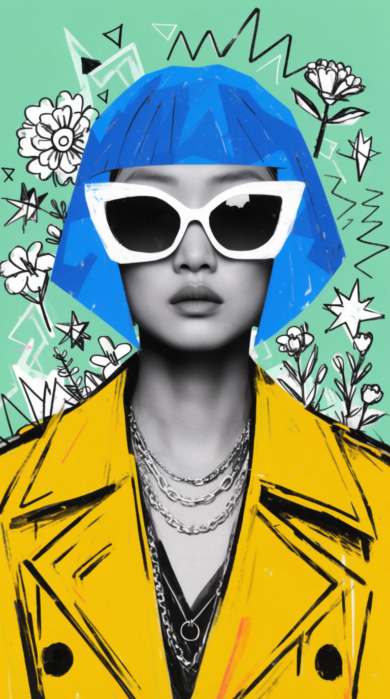 AI-generated pop-art collage fashion portrait with blue bob hair and yellow coat