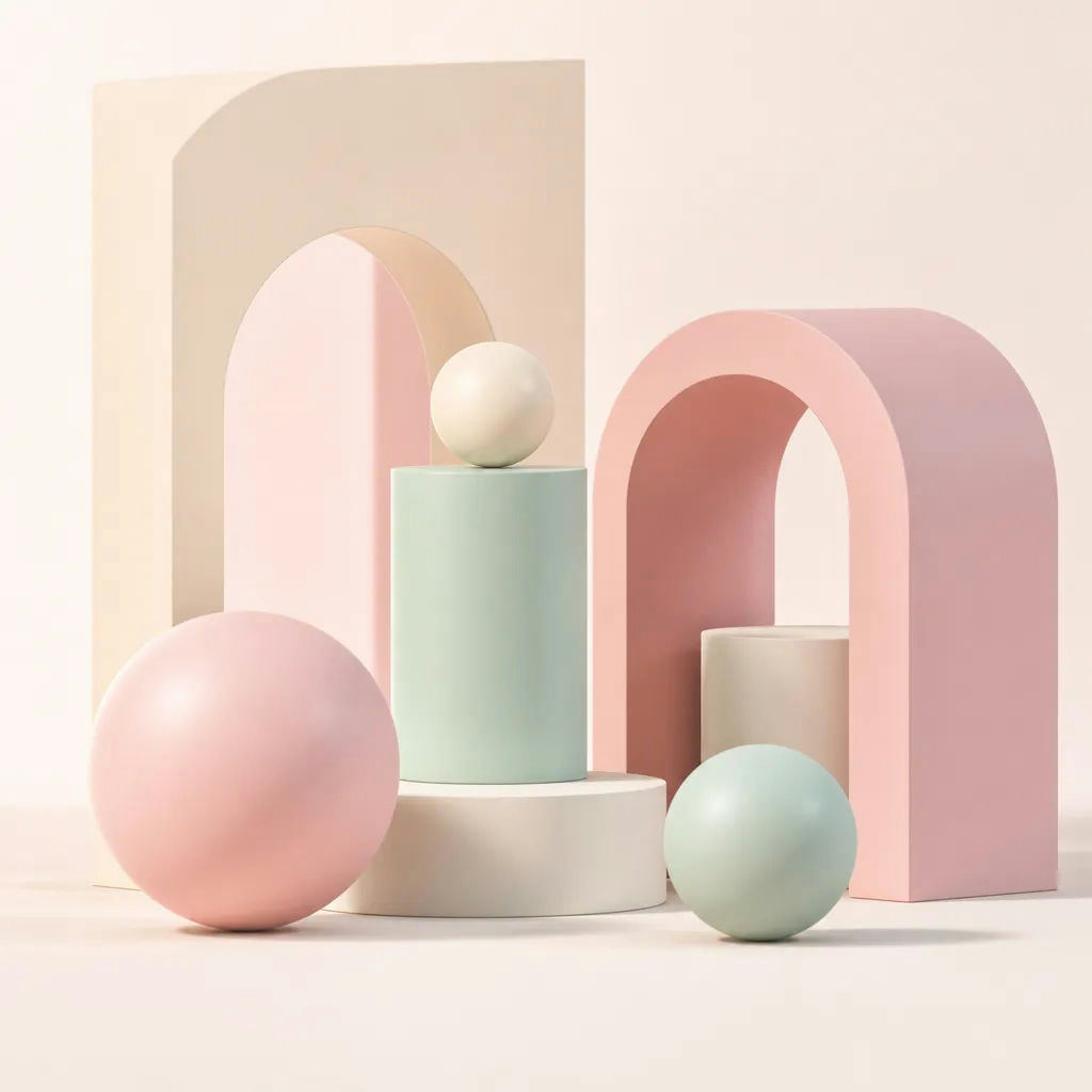 AI-generated glossy 3D render of a pastel geometric still life with arches and spheres