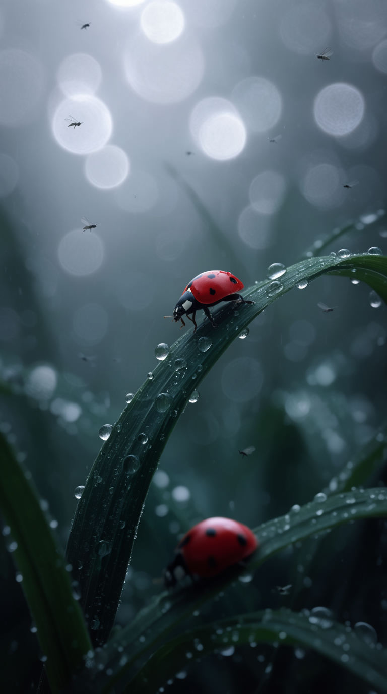 AI-generated macro photo of red ladybugs on dew-covered grass blades in fog