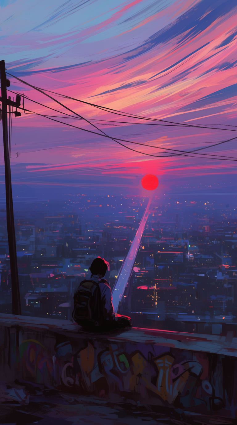 AI-generated illustration of a figure with a backpack watching a red sunset over a glowing cityscape
