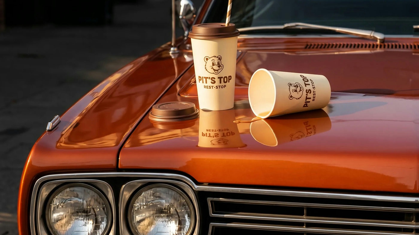 Two paper coffee cups on the polished hood of a vintage muscle car, one tipped over with coffee pooling