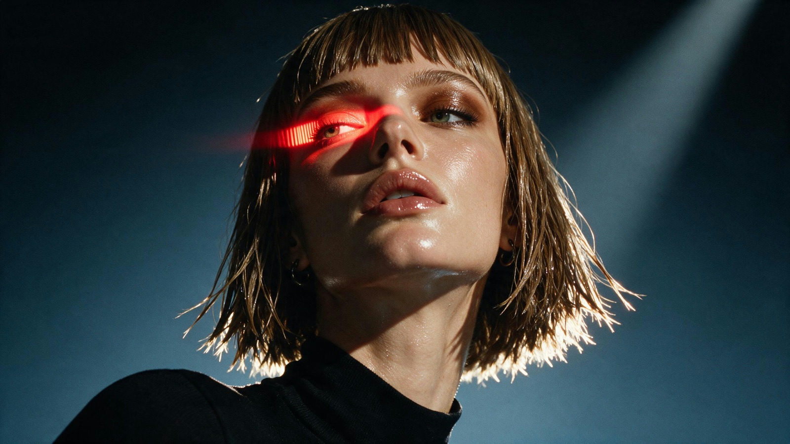 Close portrait of a woman with a wet-look blonde bob lit by red neon rim light in a dark studio