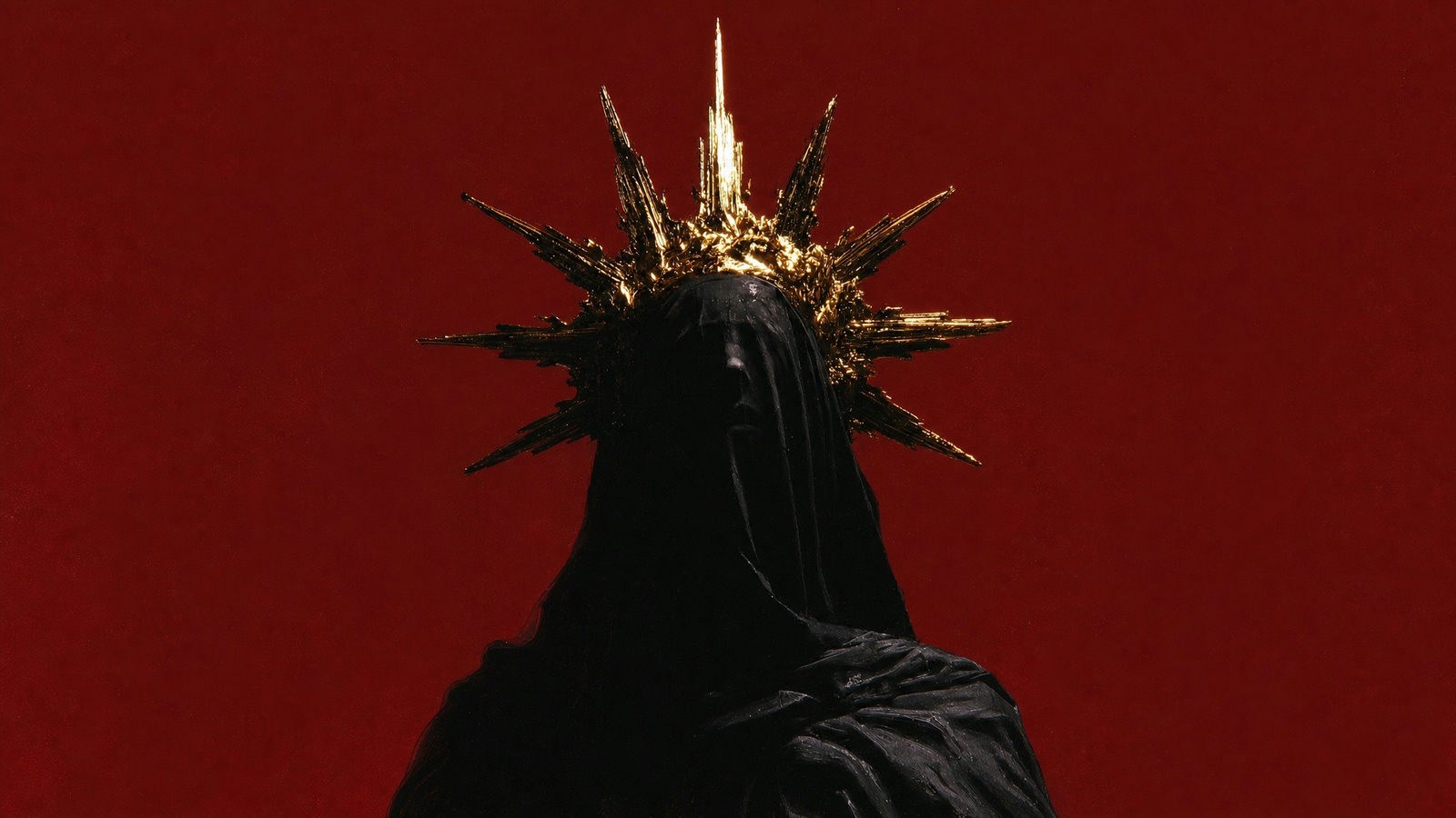 A veiled figure in an ornate golden crown, gold leaf details catching low-key light against black