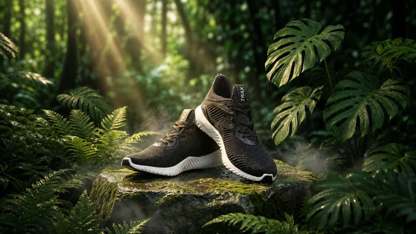 Black knit sneakers stacked in drifting fog against deep jungle green, lit like a studio product shot