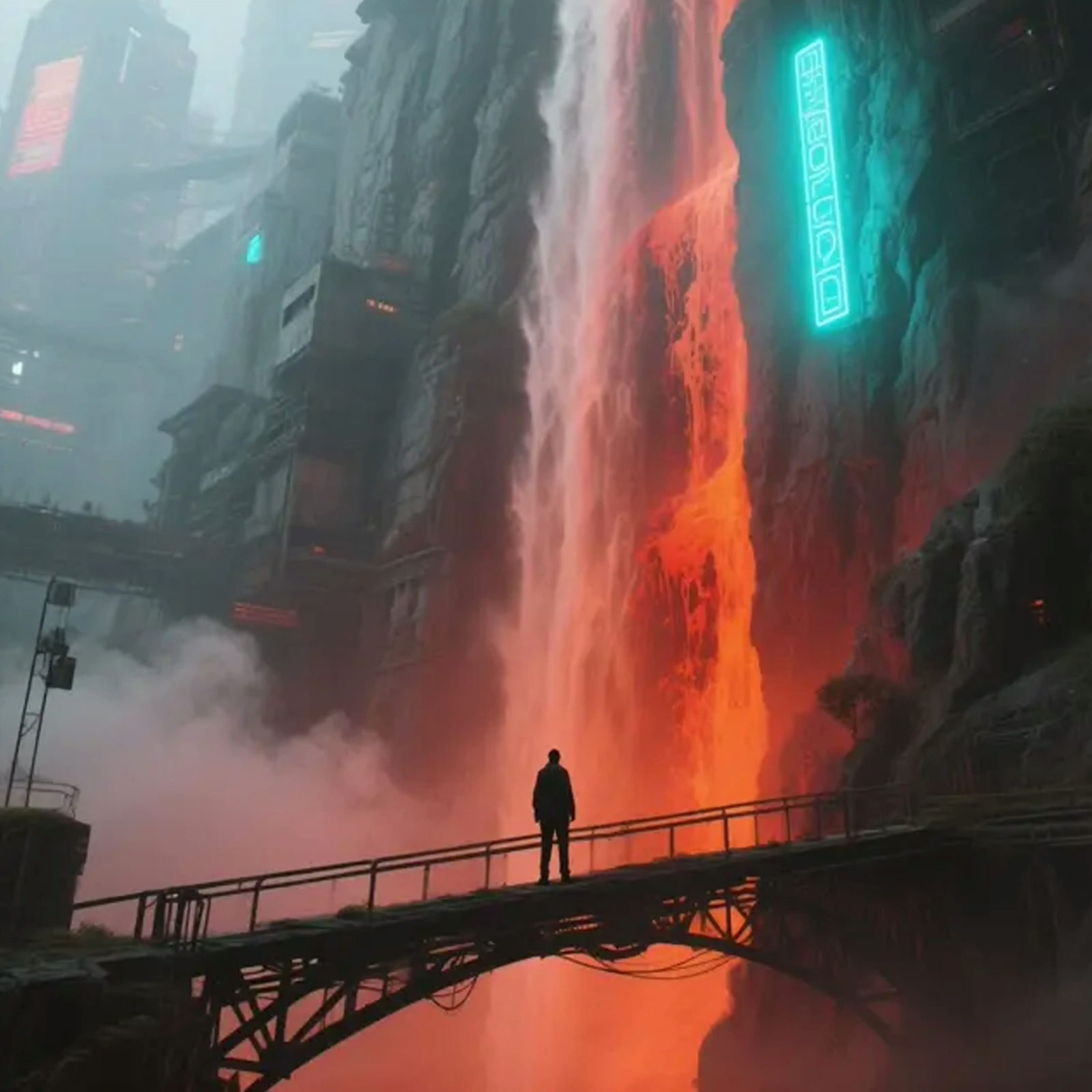 AI-generated concept art of a lone figure on a bridge facing a glowing waterfall in a neon cyberpunk city