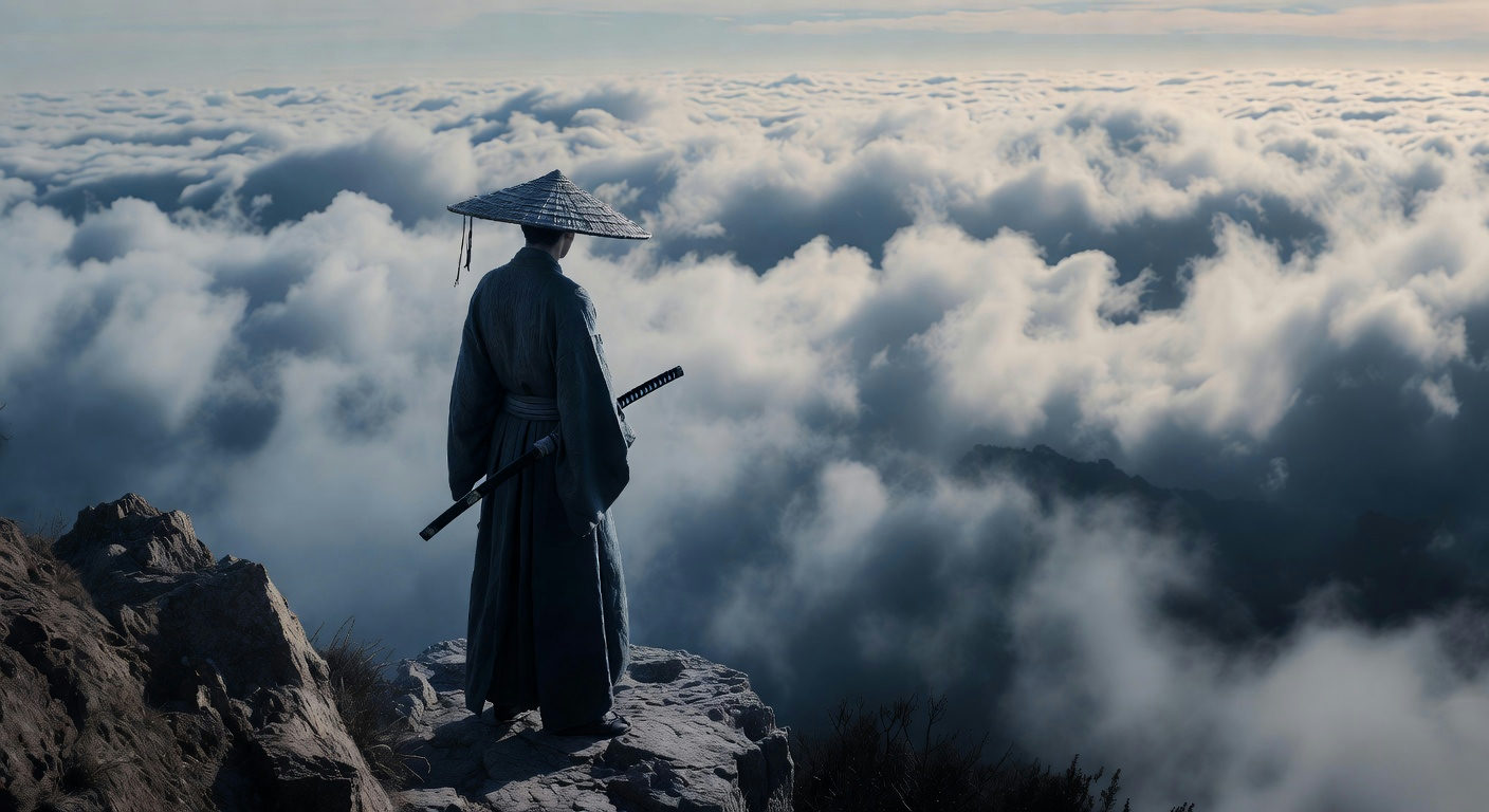 AI-generated illustration of a samurai with a straw hat and katana standing on a cliff above a sea of clouds