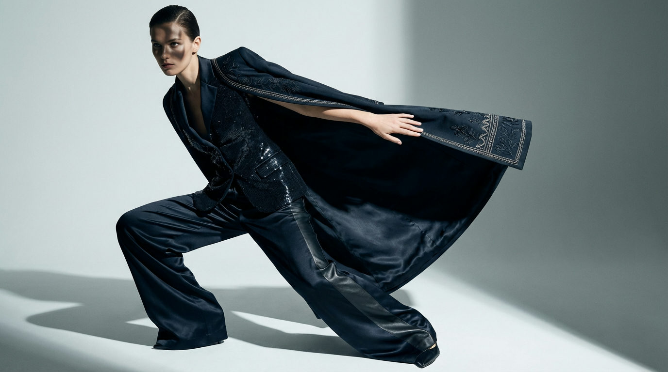 AI-generated studio fashion shot of a model in a navy tailored outfit