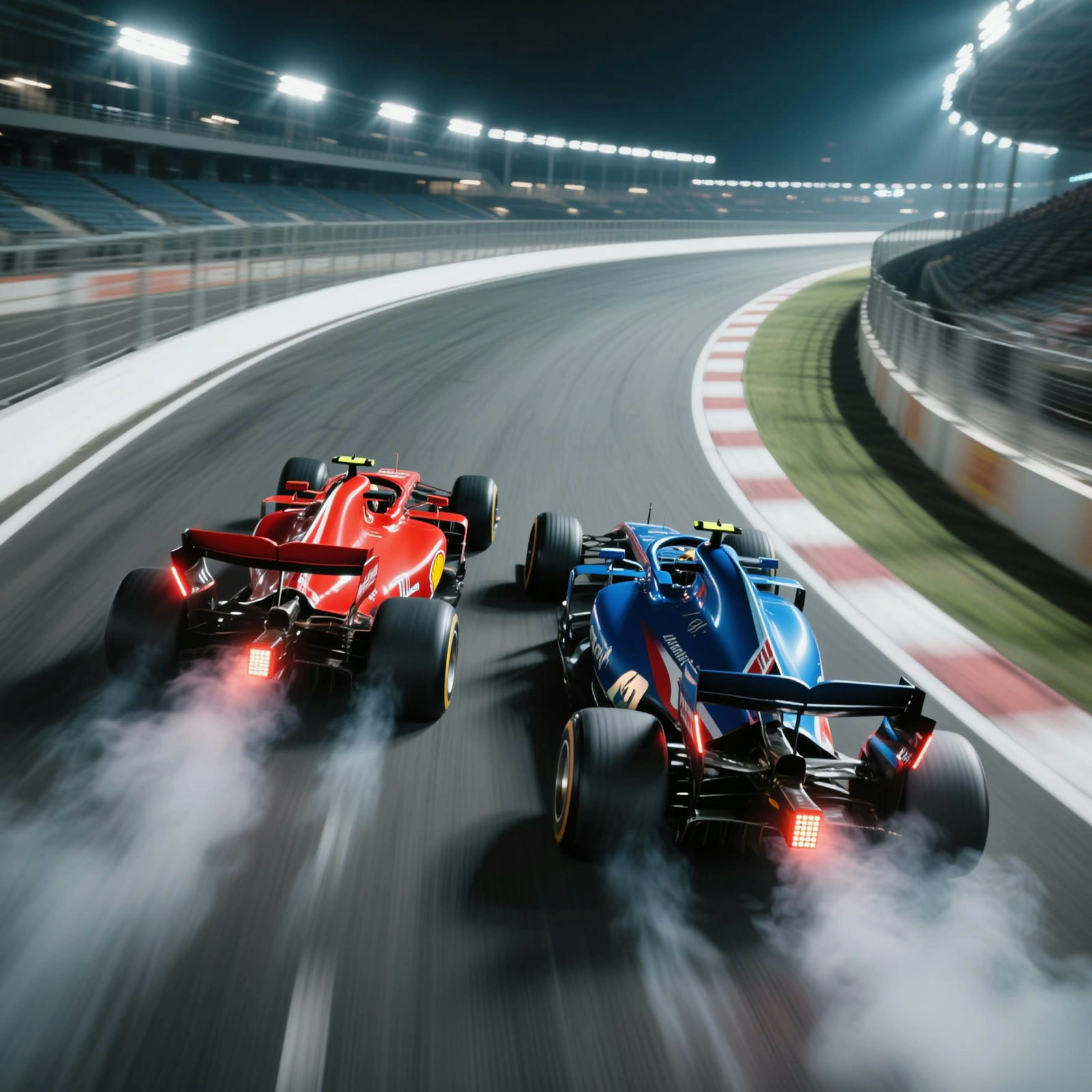 AI-generated shot of formula race cars battling side by side under floodlights on a night track