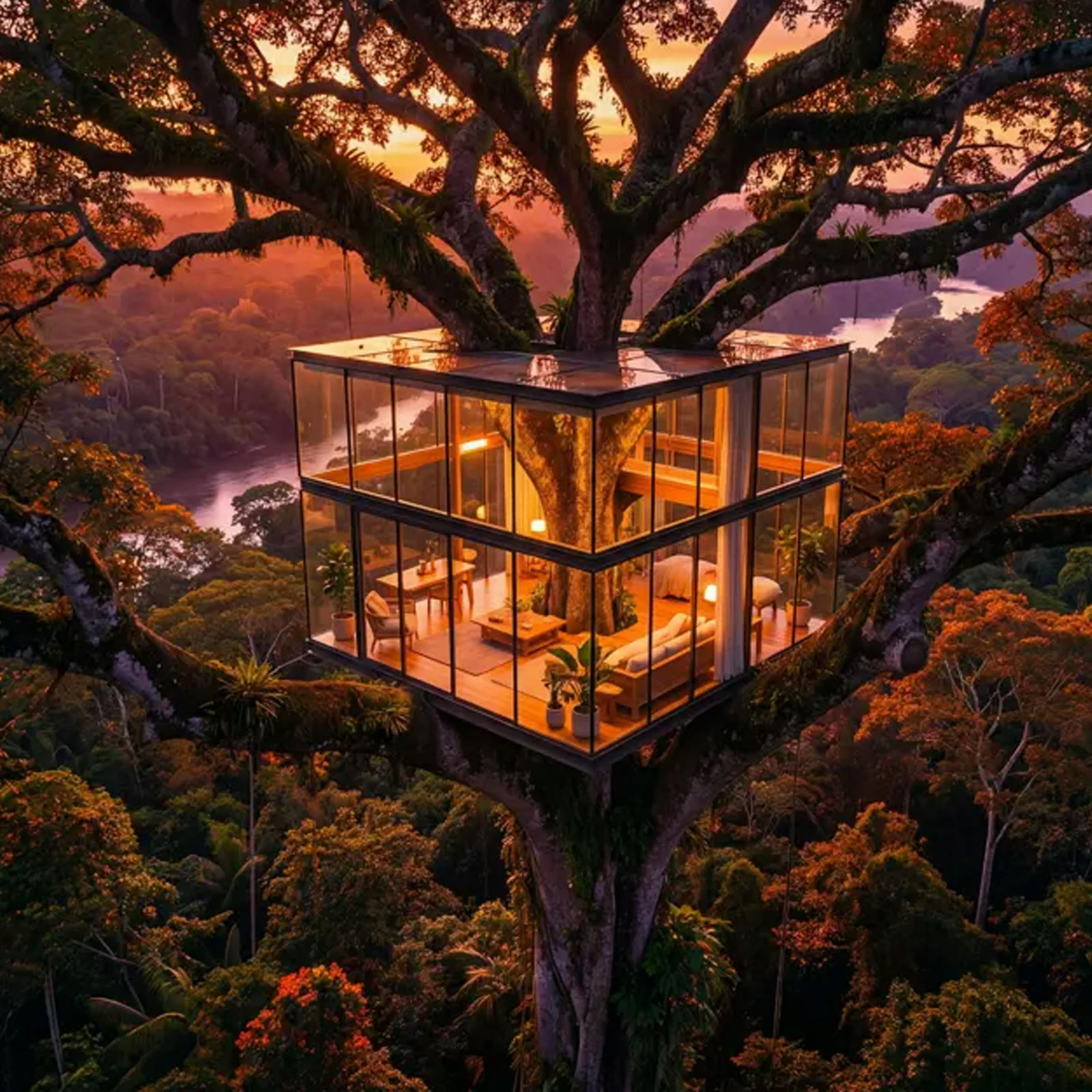 AI-generated render of a glass treehouse cabin built around a giant tree above a jungle river at sunset
