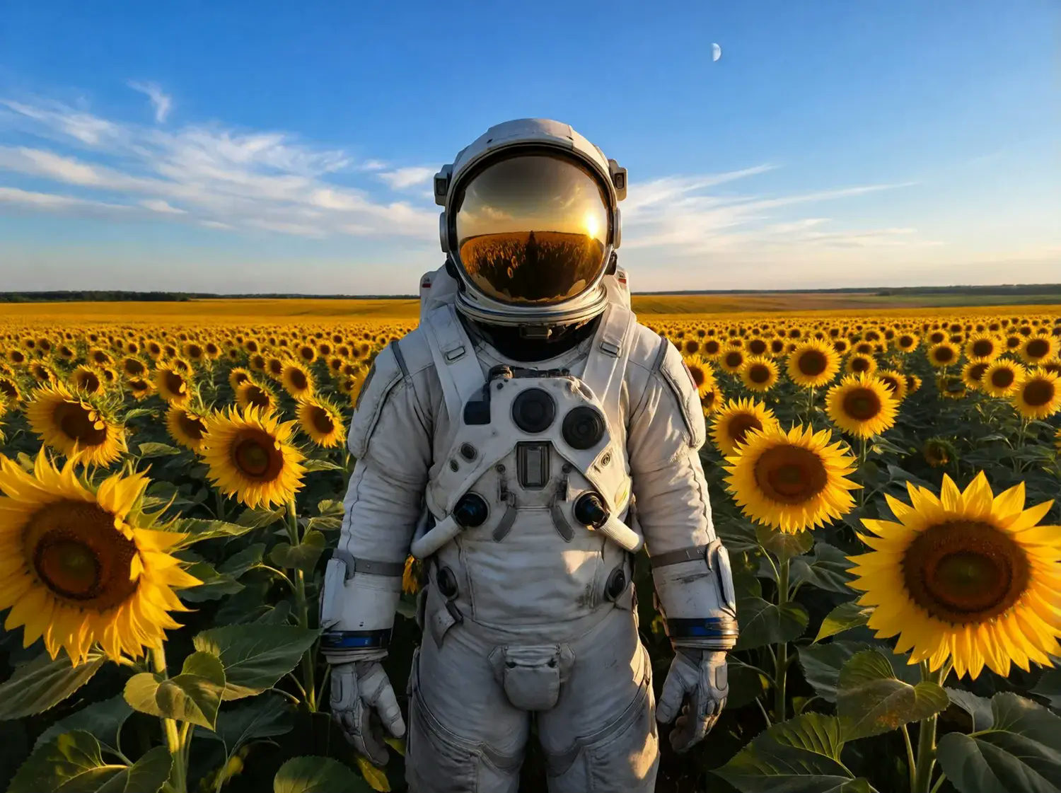 AI-generated photo of an astronaut standing in a sunflower field under a clear blue sky